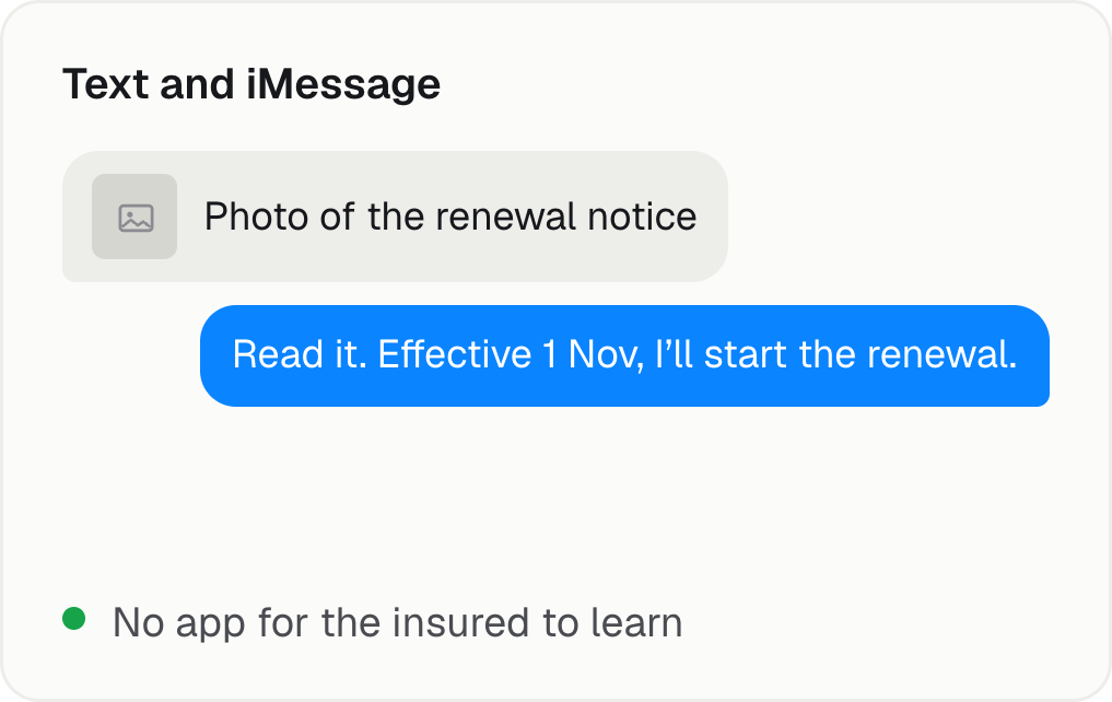 Text: the insured sends a photo of a renewal notice and Gemma replies that the renewal is started. No app for the insured to learn.