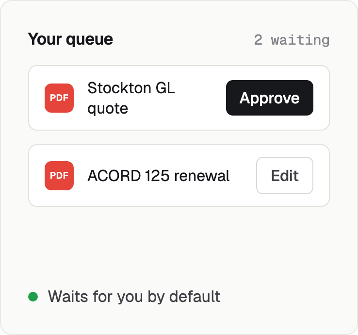 Your queue with a quote to approve and a renewal to edit; anything Gemma is not cleared to send waits for you
