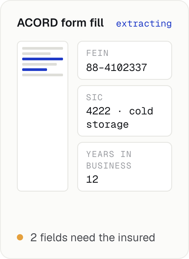 ACORD form fill extracting FEIN, SIC code and years in business, with two fields still needed from the insured
